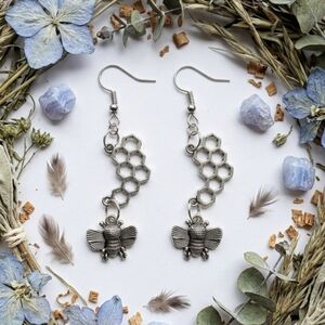 Silver Bumblebee & Honeycomb Dangle Earrings - Nature Inspired Geometric Jewelry